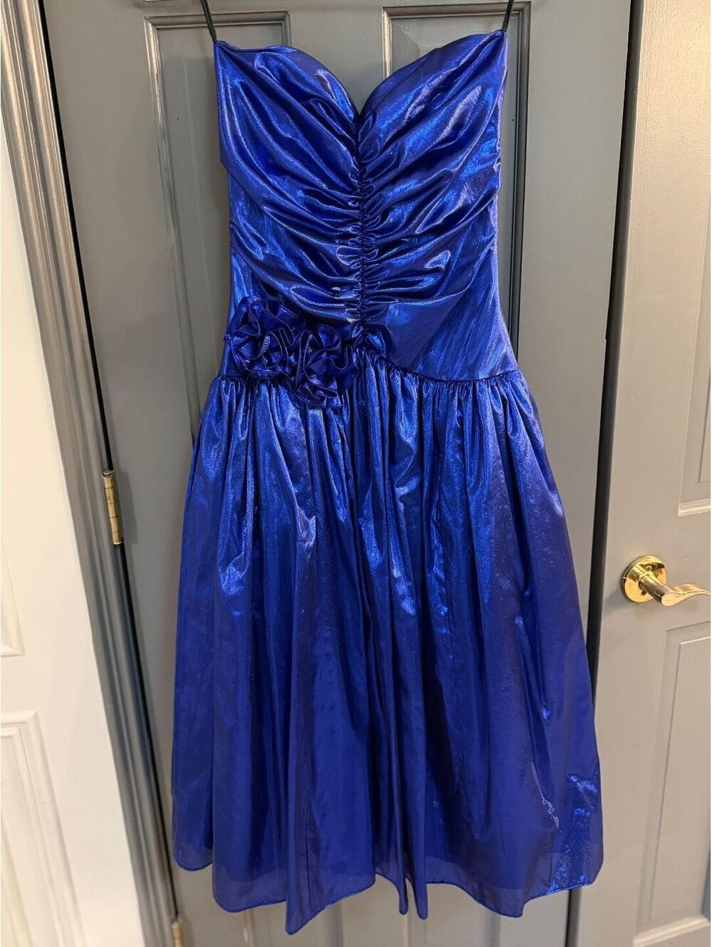 Vintage 80s Gunne Sax Jessica McClintock Metallic  Blue Strapless Dress Sz XS